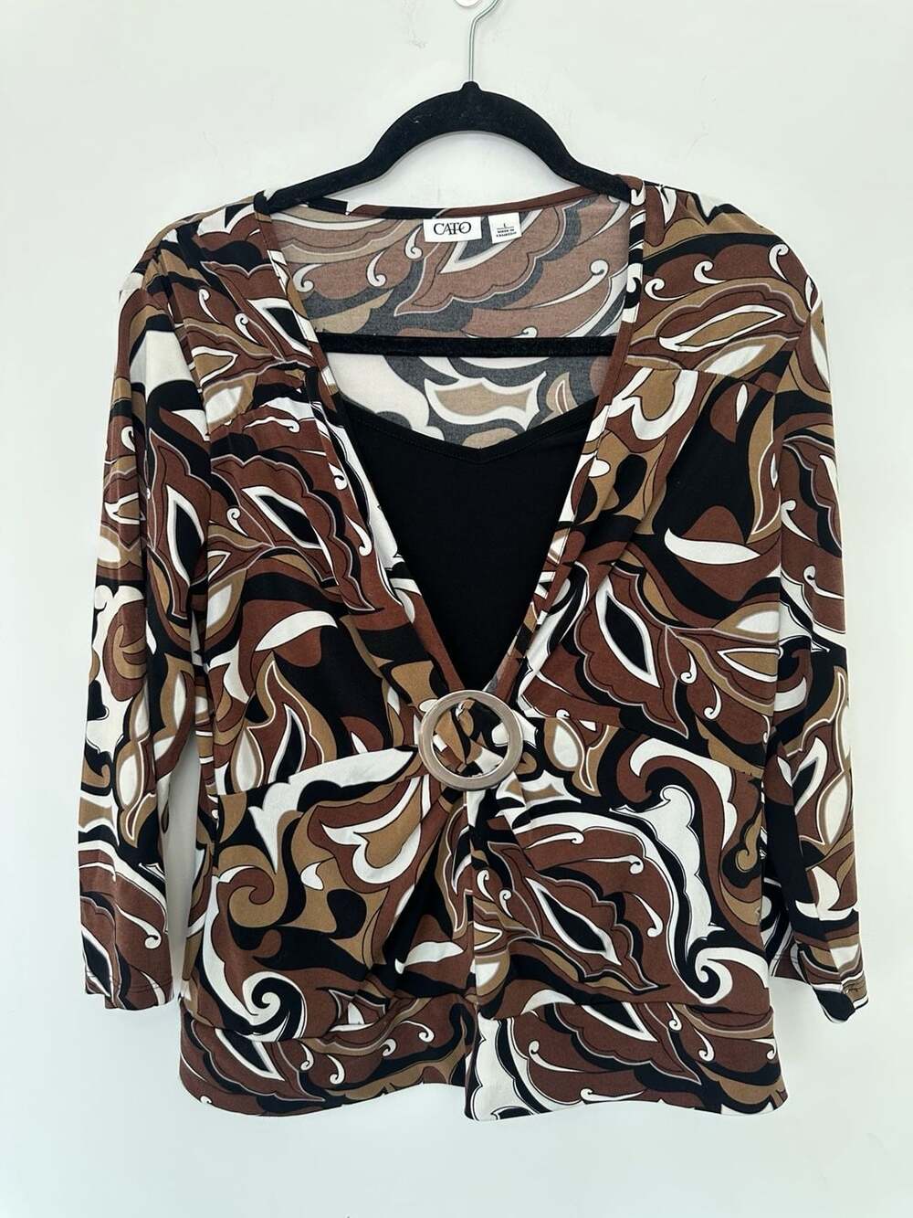 Cato Top Size L Brown White Black Retro Swirl O-Ring V-Neck 3/4 Sleeve